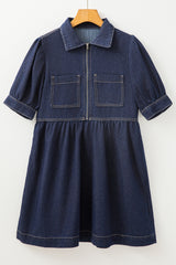 Dirty blue Zipped up Bodice Collared Short Puff Sleeve Denim Dress Mini Dresses JT's Designer Fashion
