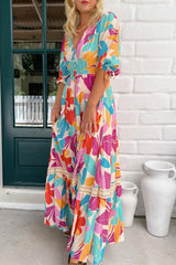 Rose Red Floral Knot Puff Sleeve V Neck Buttoned Front Split Lace Maxi Dress Floral Dresses JT's Designer Fashion