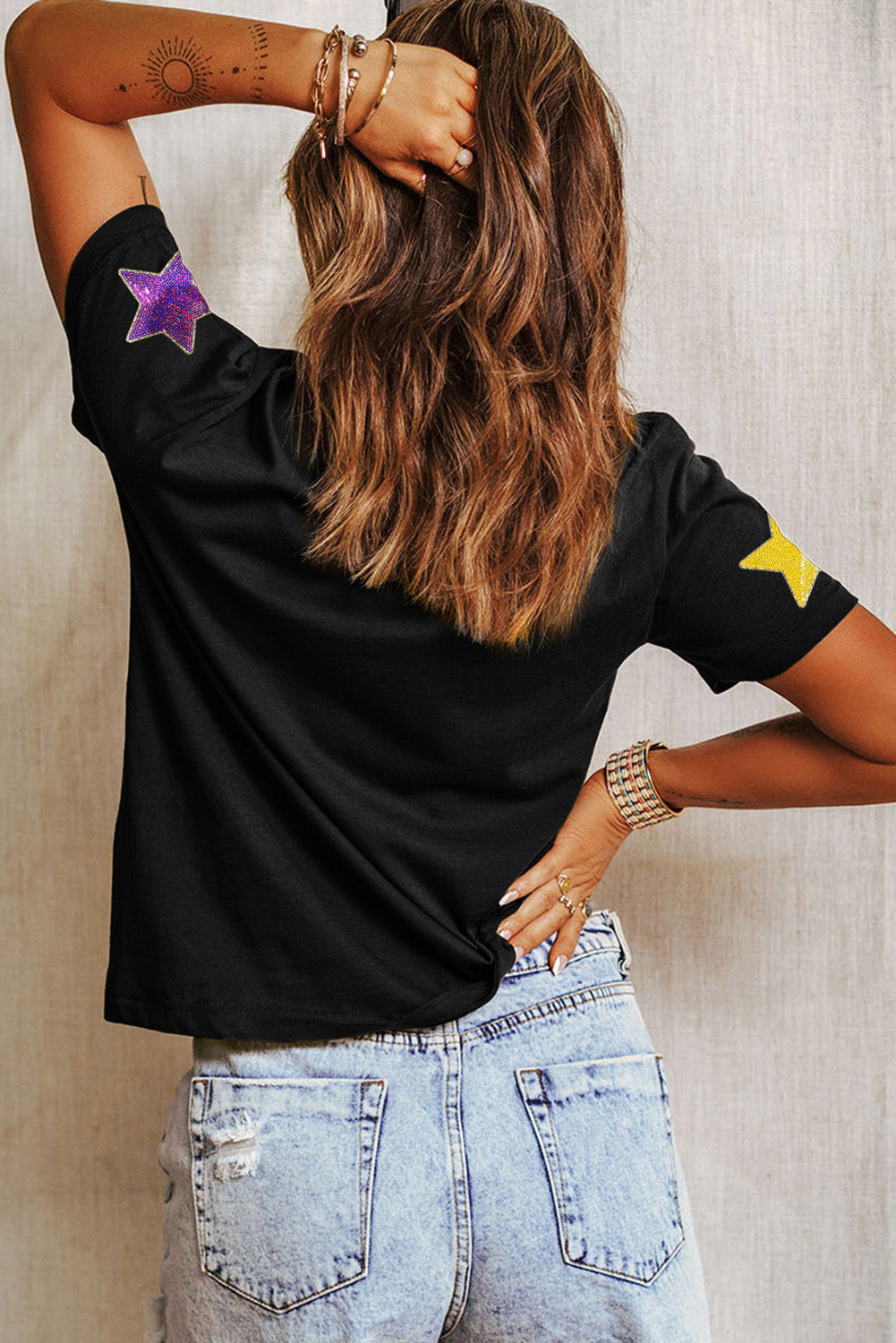 Black Colorful Sequin Stars Patched Relaxed T Shirt Graphic Tees JT's Designer Fashion