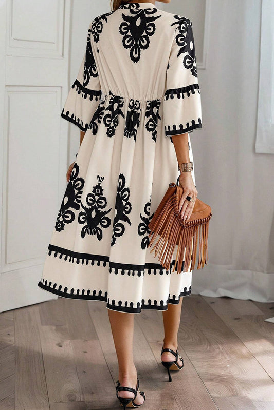 Beige Western Geometric Print 3/4 Sleeve Loose Midi Dress Midi Dresses JT's Designer Fashion