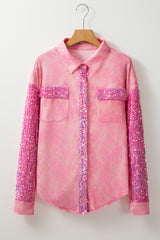 Apricot Pink Mineral Wash Sequin Patchwork Flap Pocket Shacket Jackets JT's Designer Fashion