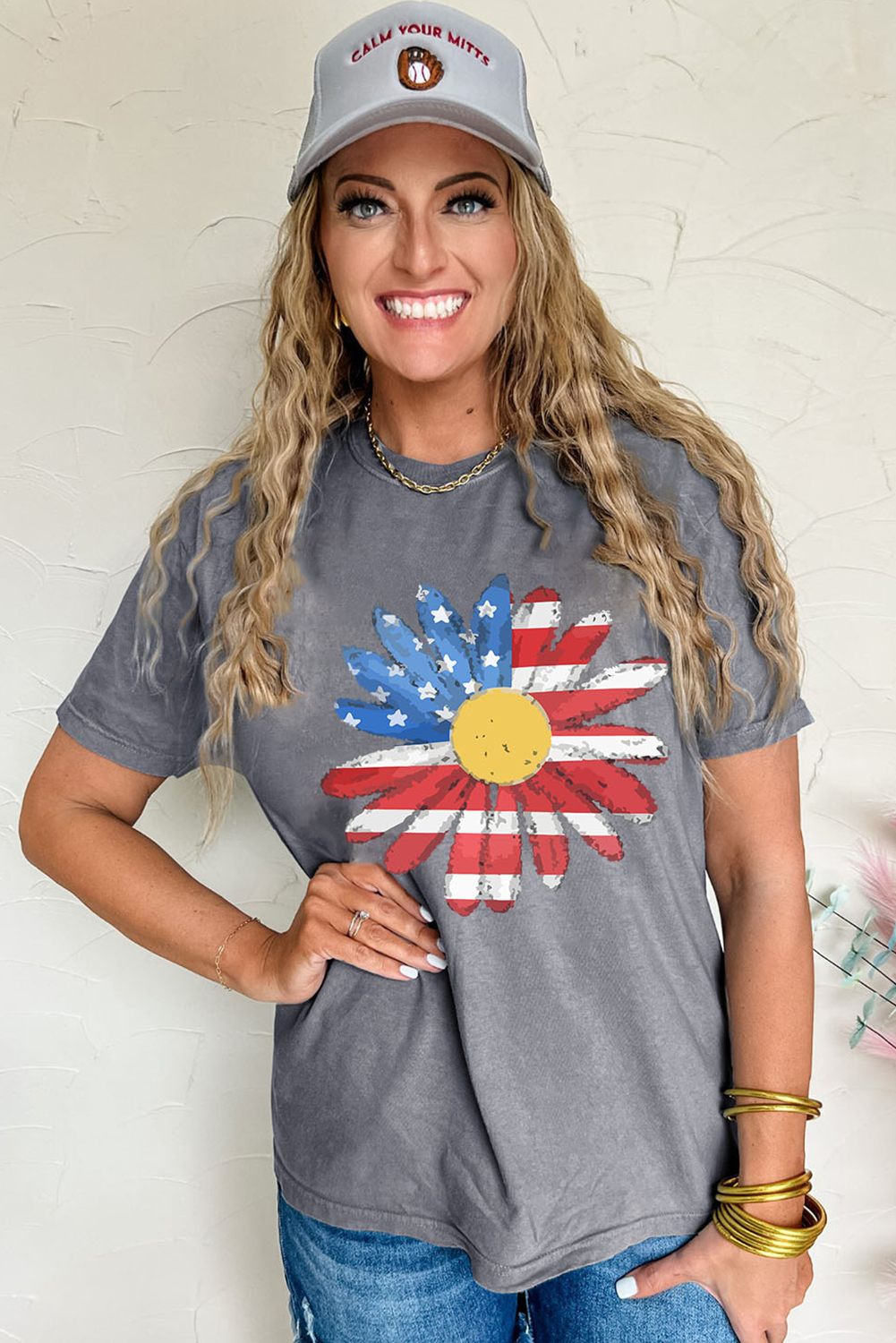 Gray Flag Pattern Sunflower Graphic Crew Neck Tee Graphic Tees JT's Designer Fashion