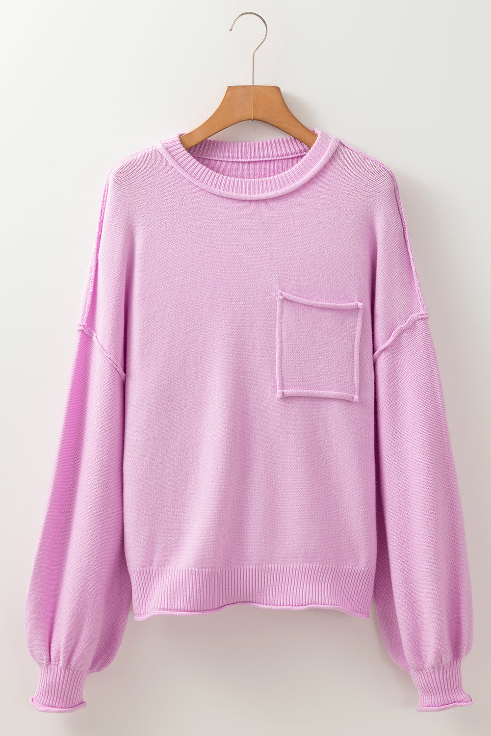 Pink Raw Edge Ribbed Detail Drop Shoulder Sweater Sweaters JT's Designer Fashion