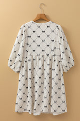 White Bowtie Pattern Textured Puff Half Sleeve Loose Mini Dress Mini Dresses JT's Designer Fashion