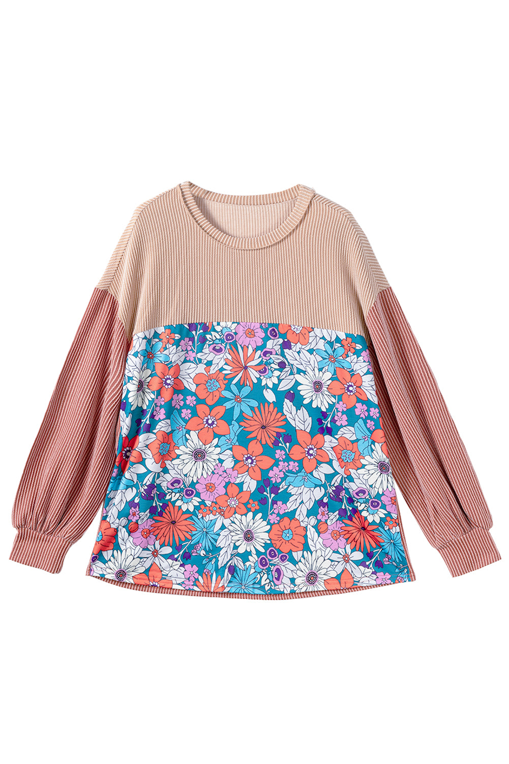 Printed Floral Contrast Colorblock Ribbed Top Long Sleeve Tops JT's Designer Fashion