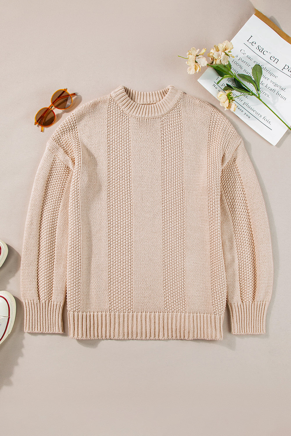 Pale Khaki Solid Color Cable Knit Ribbed Loose Sweater Sweaters JT's Designer Fashion