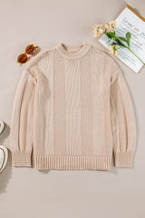 Pale Khaki Solid Color Cable Knit Ribbed Loose Sweater Sweaters JT's Designer Fashion