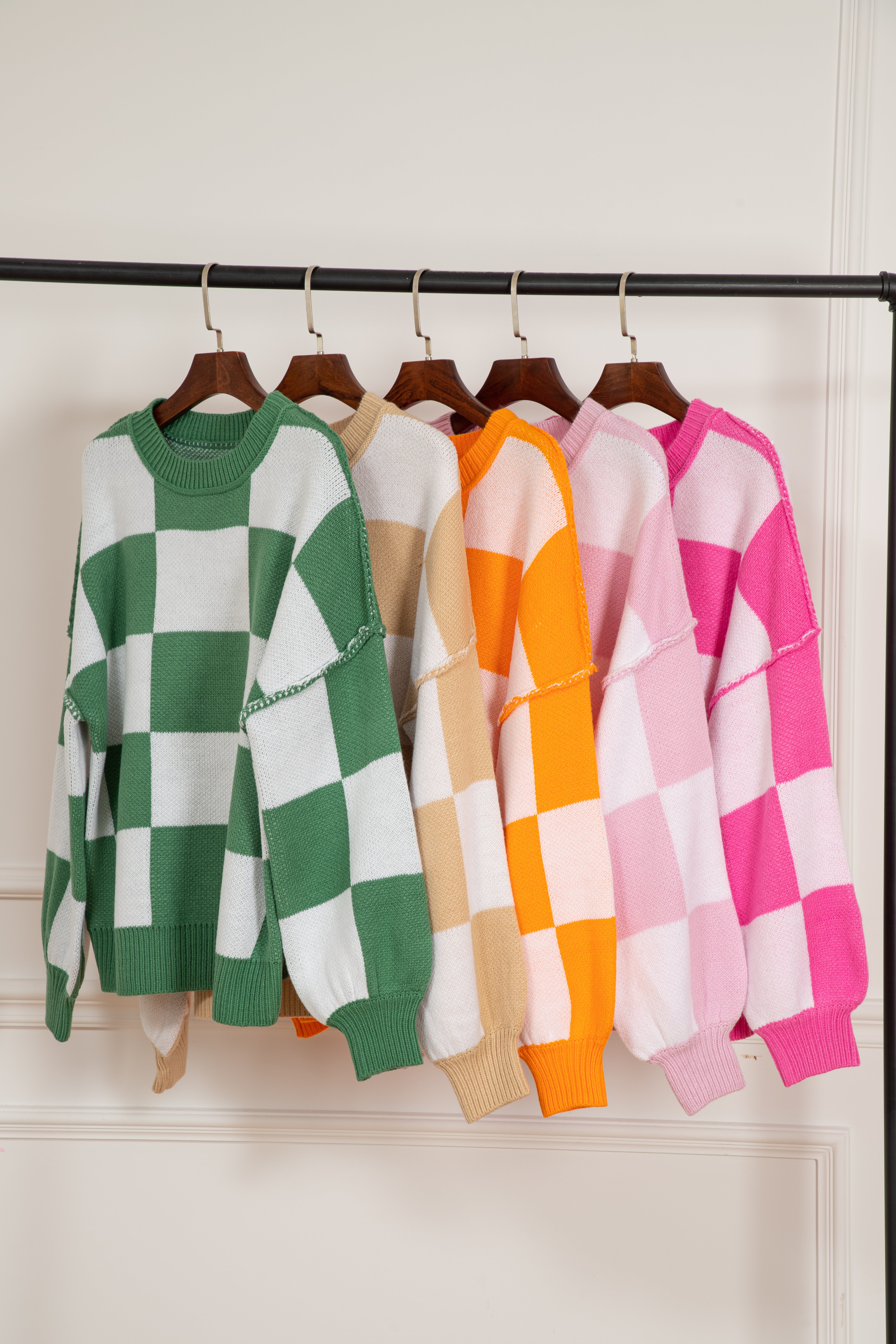 Pink Checkered Bishop Sleeve Sweater Sweaters JT's Designer Fashion