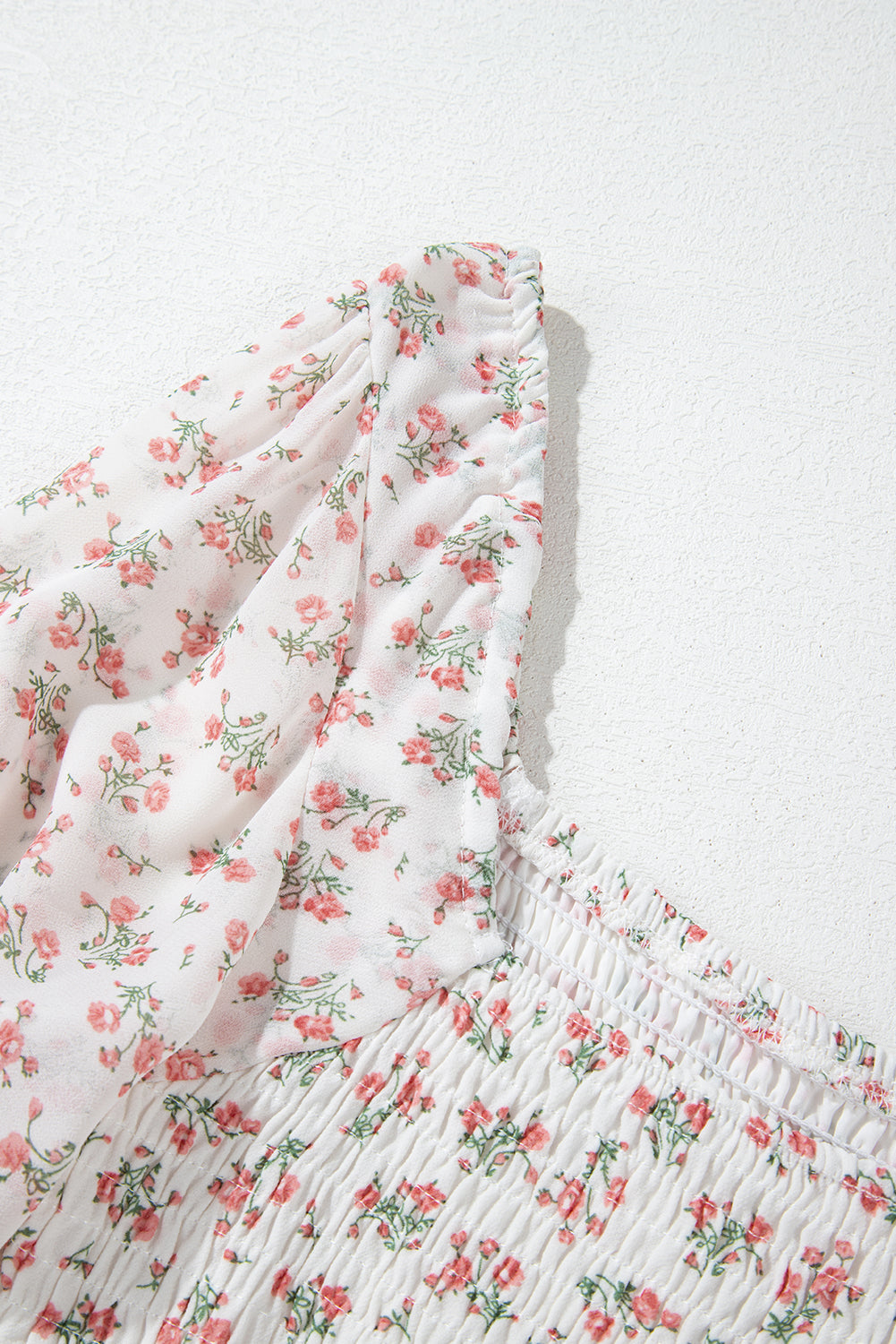 White Floral Print Shirred Ruffled Hem Square Neck Midi Dress Floral Dresses JT's Designer Fashion