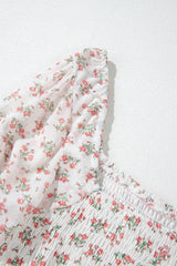 White Floral Print Shirred Ruffled Hem Square Neck Midi Dress Floral Dresses JT's Designer Fashion
