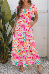 Pink Abstract Print Ruffled Sleeve Smocked Bust Long Dress Maxi Dresses JT's Designer Fashion