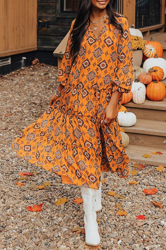Orange Western Geometric Print Tiered Frilled Loose Fit Midi Dress Midi Dresses JT's Designer Fashion
