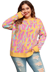 Bright Pink Plus Size Leopard Ribbed Trim Sweater Plus Size Sweaters & Cardigans JT's Designer Fashion