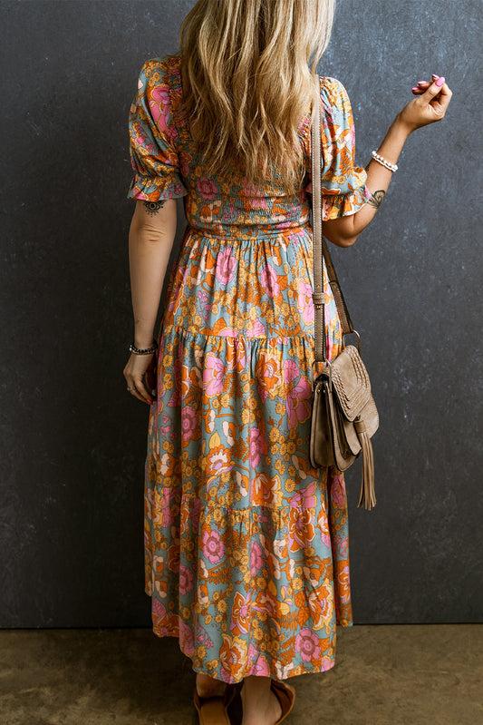 Yellow Smocked Bodice High Waist Puff Sleeve Floral Dress Floral Dresses JT's Designer Fashion