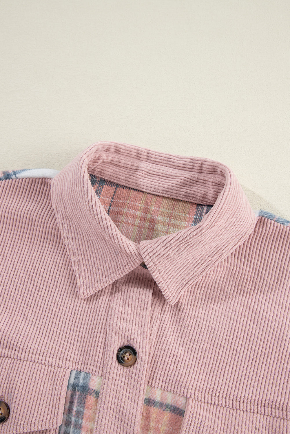 Light Pink Plaid Corduroy Patchwork Chest Pocket Shacket Plaid Shackets JT's Designer Fashion