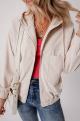 White Corduroy Drawstring Hooded Pocket Zip Up Jacket Jackets JT's Designer Fashion