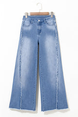 Beau Blue Vintage Stitching Raw Hem Flared Jeans Jeans JT's Designer Fashion