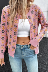 Pink Floral Button Down Ribbed Banded Cardigan Sweater Cardigans JT's Designer Fashion