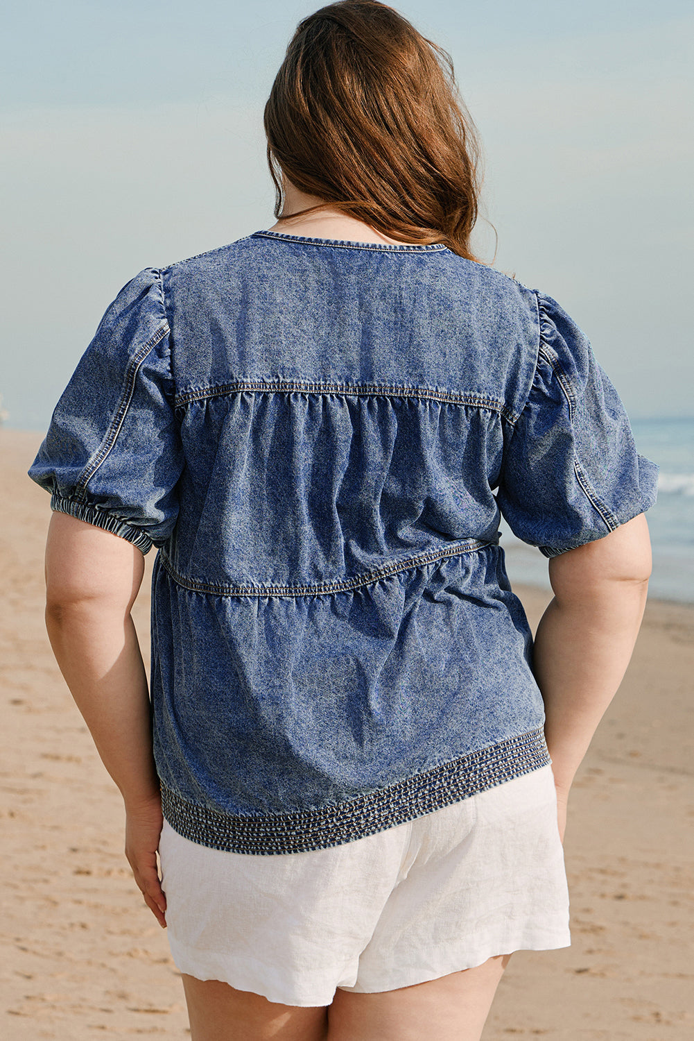 Sail Blue Plus Drawstring V Neck Puff Sleeve Denim Blouse Plus Size Blouses & Shirts JT's Designer Fashion