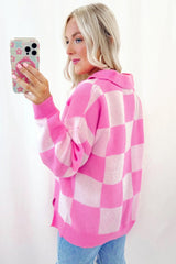 Pink Checkerboard Half Button Collared Drop Shoulder Sweater Sweaters JT's Designer Fashion