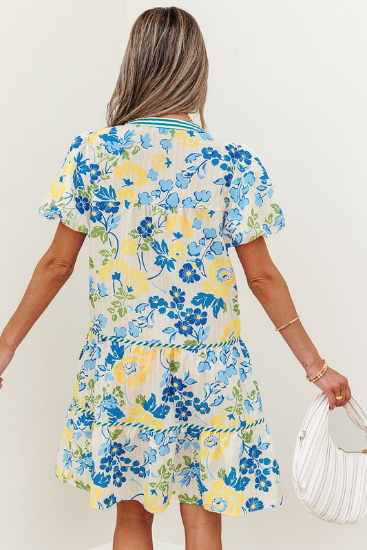 Blue Floral Striped Trim Puff Short Sleeve Dress Floral Dresses JT's Designer Fashion