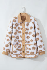 Light French Beige Cute Flower Pattern Button Up Fleece Jacket Jackets JT's Designer Fashion