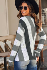 Gray Striped Colorblock V Neck Knitted Sweater Sweaters & Cardigans JT's Designer Fashion