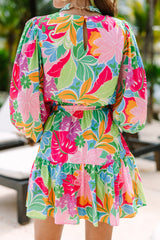 Green Multicolor Botanical Bubble Sleeve Mini Dress Floral Dresses JT's Designer Fashion