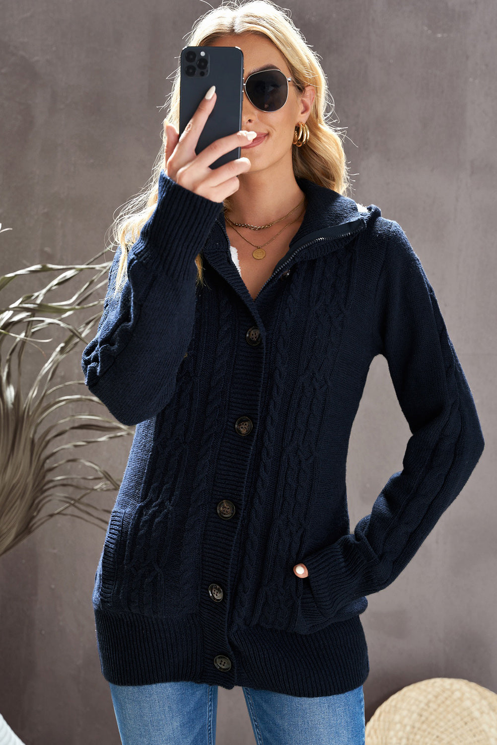 Navy Blue Long Sleeve Button-up Hooded Cardigans Sweaters & Cardigans JT's Designer Fashion