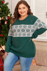 Green Christmas Snowflake Pattern Drop Shoulder Plus Size Sweater Plus Size Sweaters & Cardigans JT's Designer Fashion