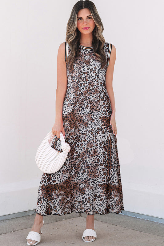 Multicolour Leopard Checkered Double Printed Reversible Sleeveless Long Dress Maxi Dresses JT's Designer Fashion