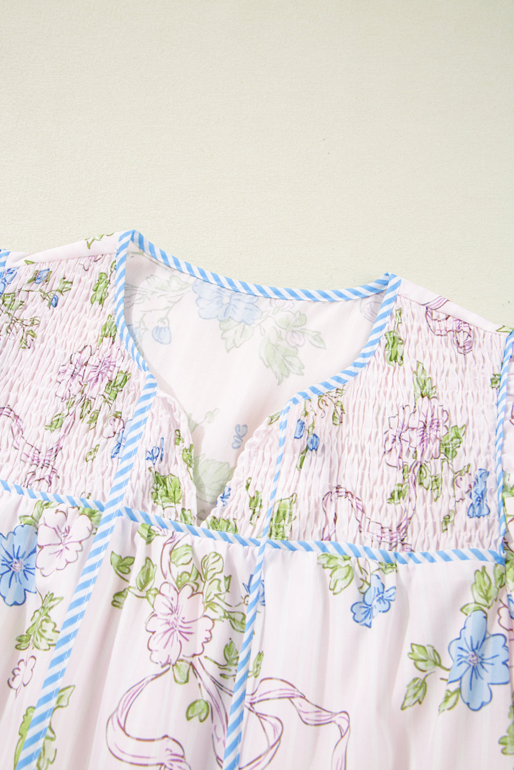 Pink Floral Striped Print Contrast Trim Tie Split Neck Mini Dress Dresses JT's Designer Fashion