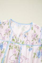 Pink Floral Striped Print Contrast Trim Tie Split Neck Mini Dress Dresses JT's Designer Fashion