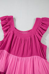 Pink Crinkled Colorblock Patchwork Flutter Tiered Mini Dress Mini Dresses JT's Designer Fashion