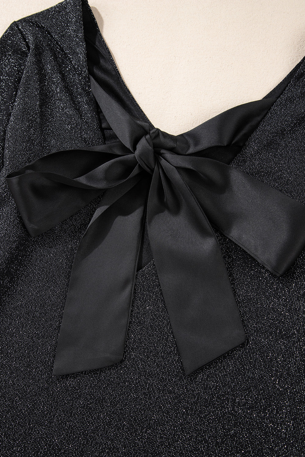 Black Metallic Bowknot Open Back V Neck Top Long Sleeve Tops JT's Designer Fashion