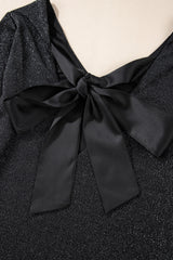 Black Metallic Bowknot Open Back V Neck Top Long Sleeve Tops JT's Designer Fashion