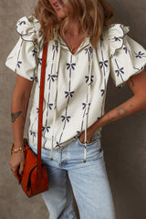 Beige Bow Printed Ruffled Bubble Sleeve Tied Notched V Neck Blouse Blouses & Shirts JT's Designer Fashion