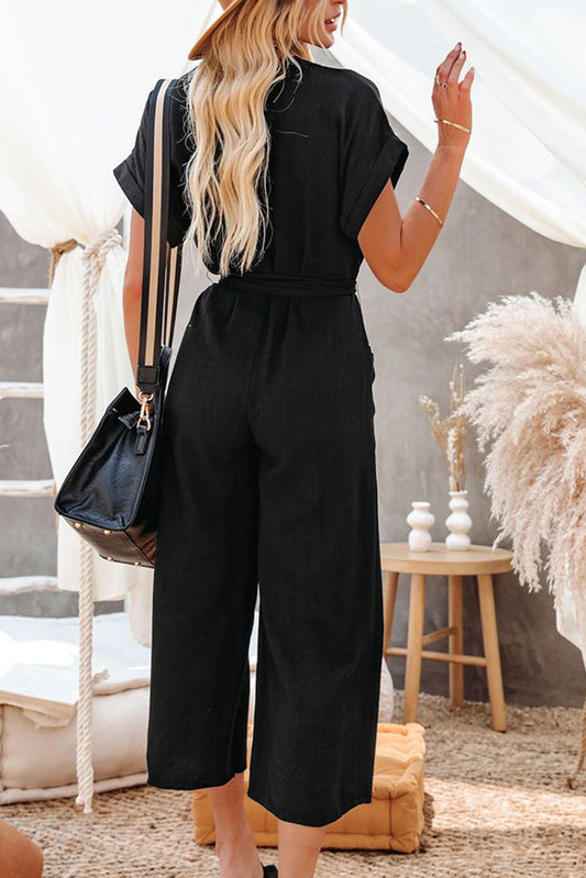 Black Dolman Button Belted V Neck Wide Leg Pocketed Jumpsuit Jumpsuits & Rompers JT's Designer Fashion