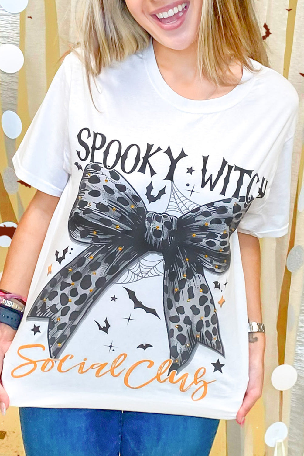 White SPOOKY WITCH Leopard Bowknot Bat Graphic Halloween T Shirt Graphic Tees JT's Designer Fashion