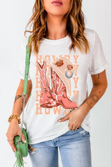 White HOWDY Cowboy Boots Graphic Crew Neck T Shirt Graphic Tees JT's Designer Fashion
