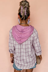Pink Checkered Print Loose Fit Buttoned Hooded Shacket Plaid Shackets JT's Designer Fashion