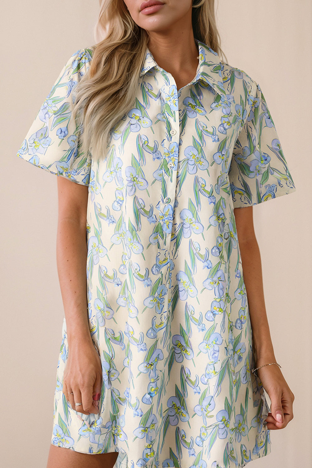 Green Floral Print Shirtcollar Buttoned Short Sleeve Shift Dress Green 100%Polyester Floral Dresses JT's Designer Fashion