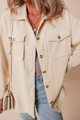 Oatmeal Corduroy Flap Pocket Button Up Shacket Jackets JT's Designer Fashion