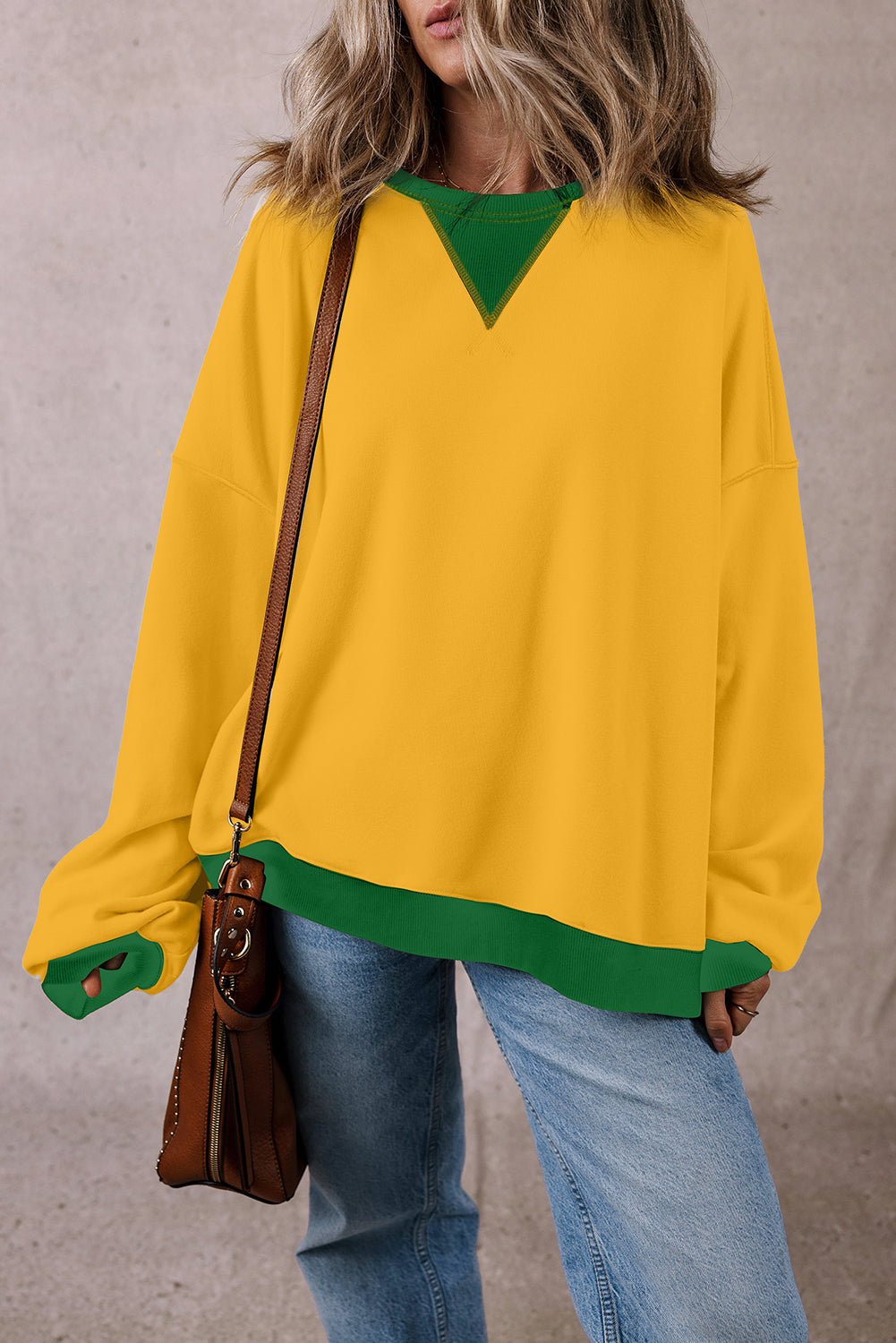 Ginger Color Block Patch Drop Shoulder Oversized Sweatshirt Sweatshirts & Hoodies JT's Designer Fashion