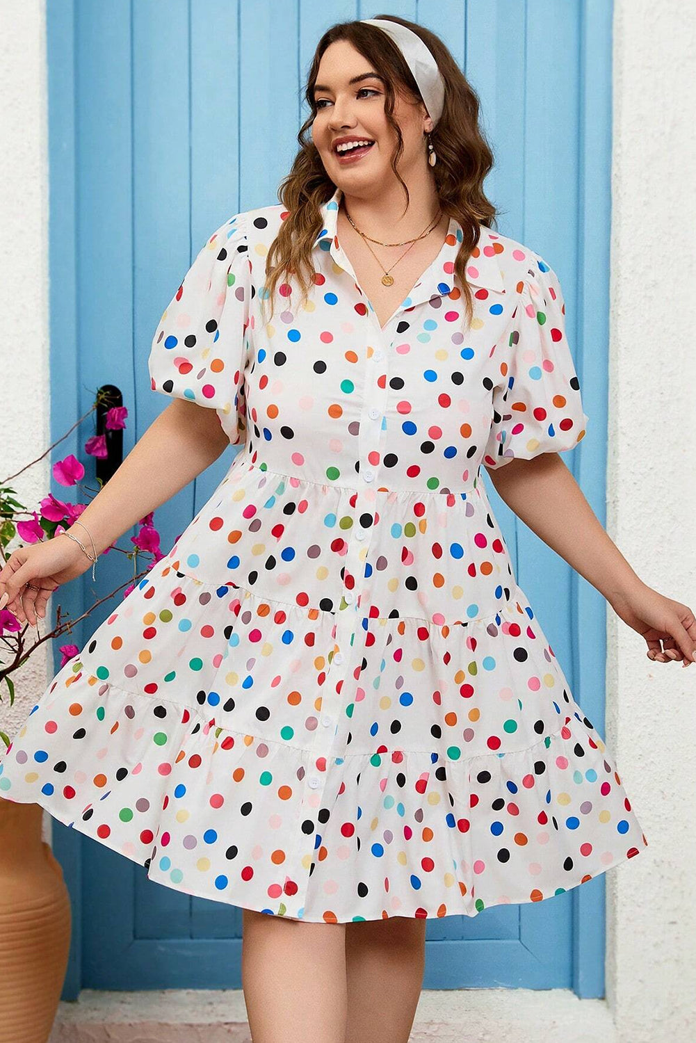 White Polka Dot Print Bubble Sleeve Button Up Plus Size Shirt Dress Plus Size Mini Dresses JT's Designer Fashion