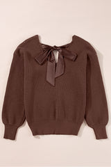 Coffee Lantern Sleeve V Neck Knot Back Sweater Sweaters JT's Designer Fashion