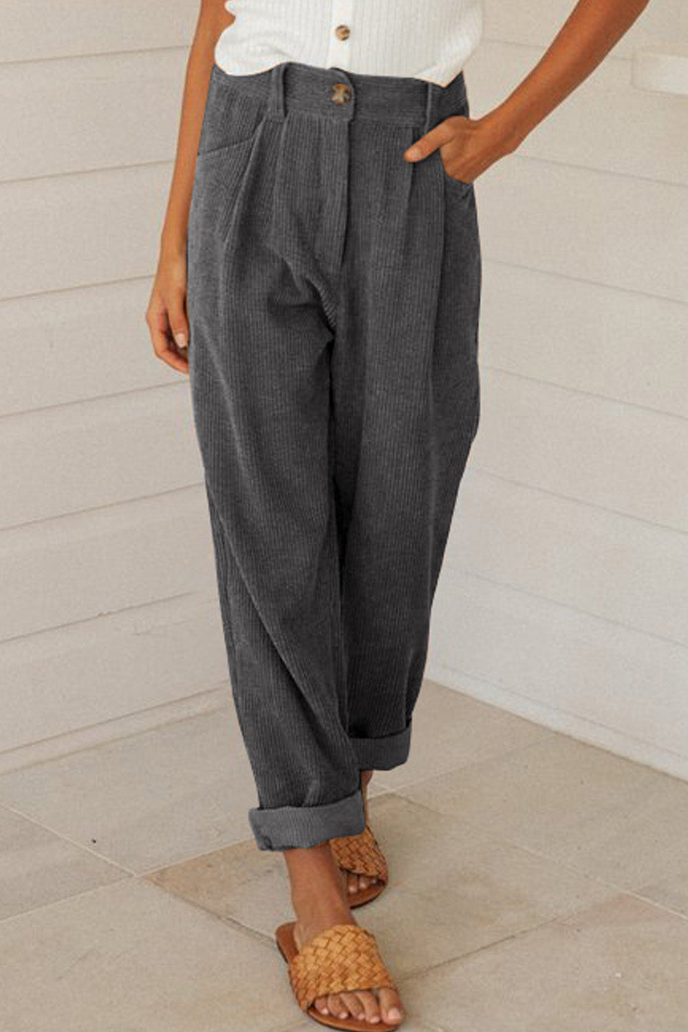 Gray Corduroy High Waist Straight Leg Pants Pants & Culotte JT's Designer Fashion