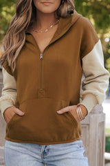 Chestnut Color Block Half Zip Kangaroo Pocketed Hoodie Sweatshirts & Hoodies JT's Designer Fashion