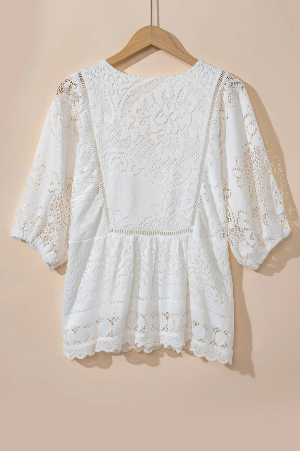 Lace Crochet Hollowed Scallop Hem V Neck Blouse Blouses & Shirts JT's Designer Fashion