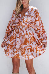 Brown Floral Puff Sleeve Smocked Waist Layered Dress Floral Dresses JT's Designer Fashion